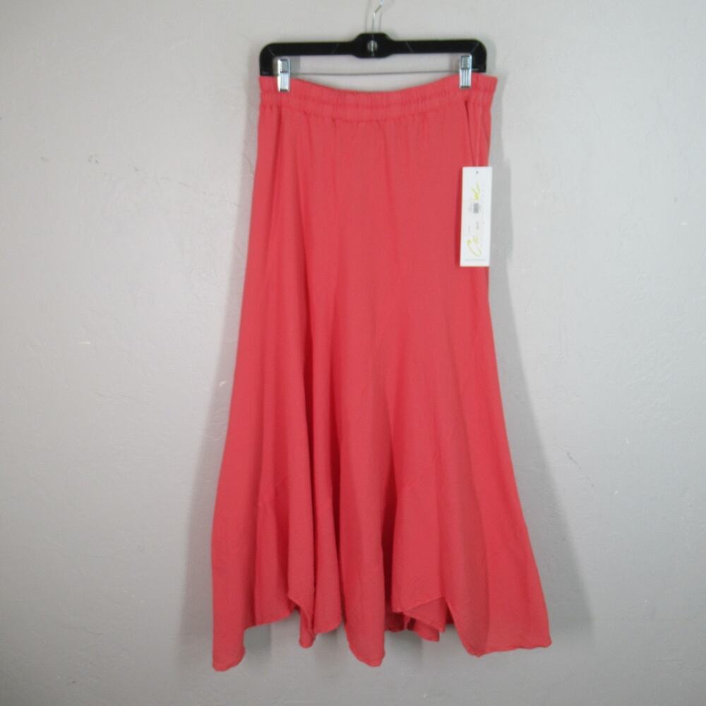 Cecilia Nathal Skirt L Coral Gauze Bias Flair Pullon Stretch Waist Midi Asym Hem